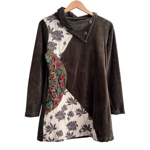 Leopards & Roses Velvet Floral Embroidered Asymmetrical Tunic Top
